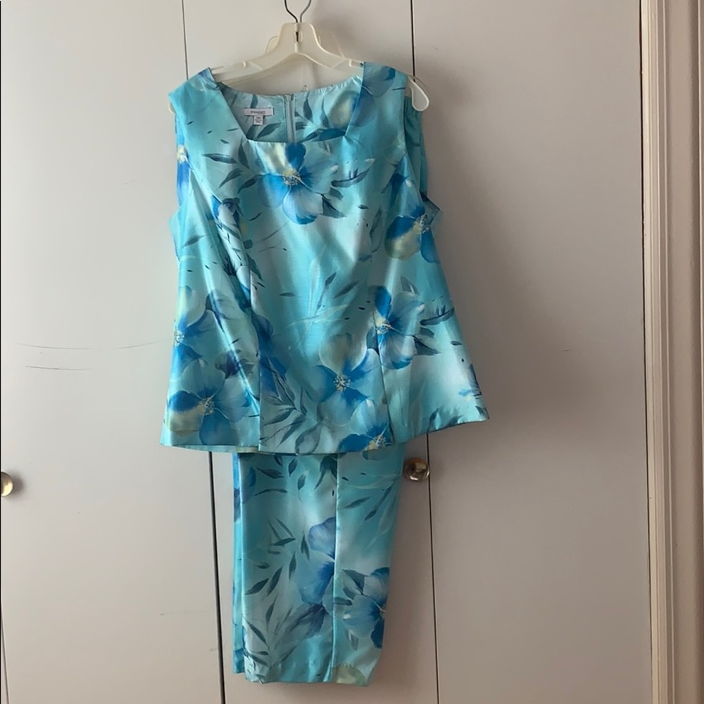 Turquoise/blue flower tank and pant set.